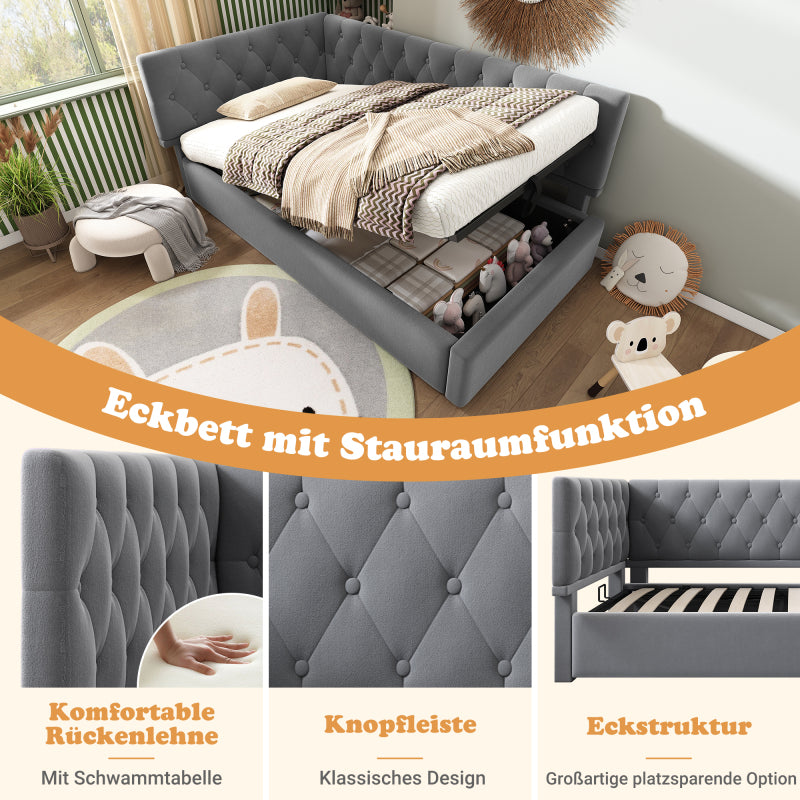 Polsterbett Tagesbett Daybett 90x200cm, Schlafsofa mit hydraulischem Stauraum, Kinderbett Jugendbett Bettgestell mit Lattenrost aus Holz, Samt, Grau, ohne Matratze.