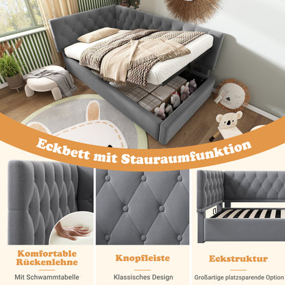 Polsterbett Tagesbett Daybett 90x200cm, Schlafsofa mit hydraulischem Stauraum, Kinderbett Jugendbett Bettgestell mit Lattenrost aus Holz, Samt, Grau, ohne Matratze.