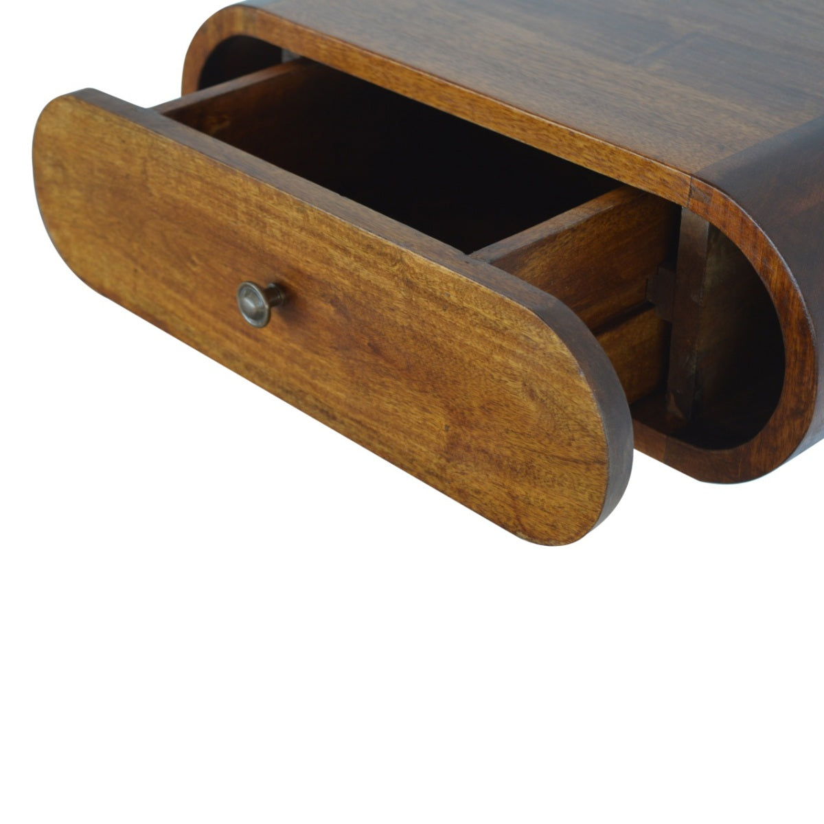 Schwebender Nachttisch aus Massivholz – Rund, Kastanienbraun, Wandmontage, 1 Schublade, Handgefertigt, 45x32x15 cm