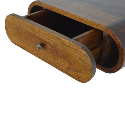 Schwebender Nachttisch aus Massivholz – Rund, Kastanienbraun, Wandmontage, 1 Schublade, Handgefertigt, 45x32x15 cm