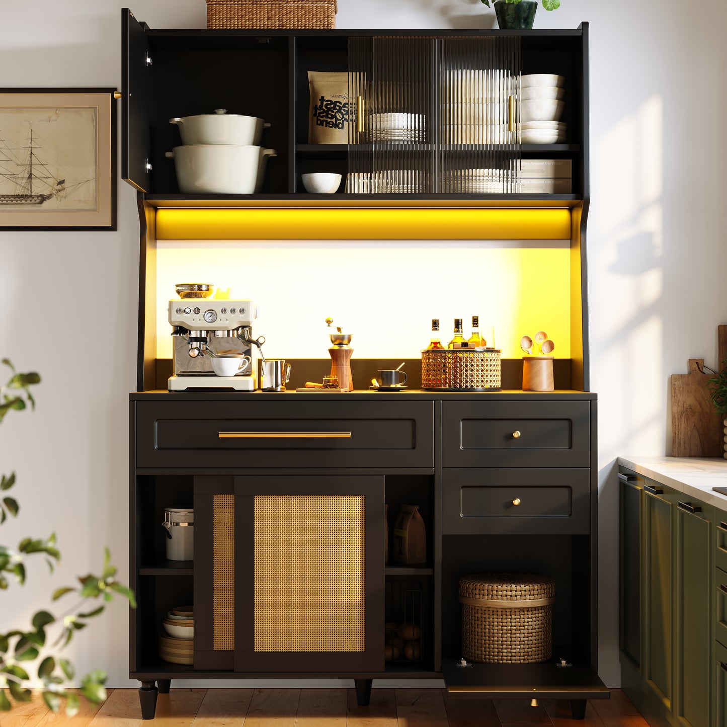 Küchenschrank, Esszimmerschrank mit 3 Schubladen,Sideboard mit LED-Beleuchtung, PE-rattan, schwarz