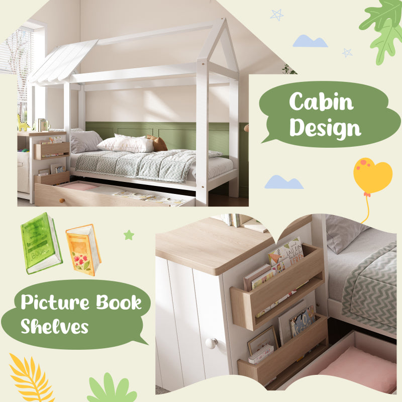 Hausbett Kinderbett 90x200 cm aus Massivholz mit Schubladen & abnehmbarem Nachttisch - Bodenbett in Weiß und Eichenweiß, ohne Matratze