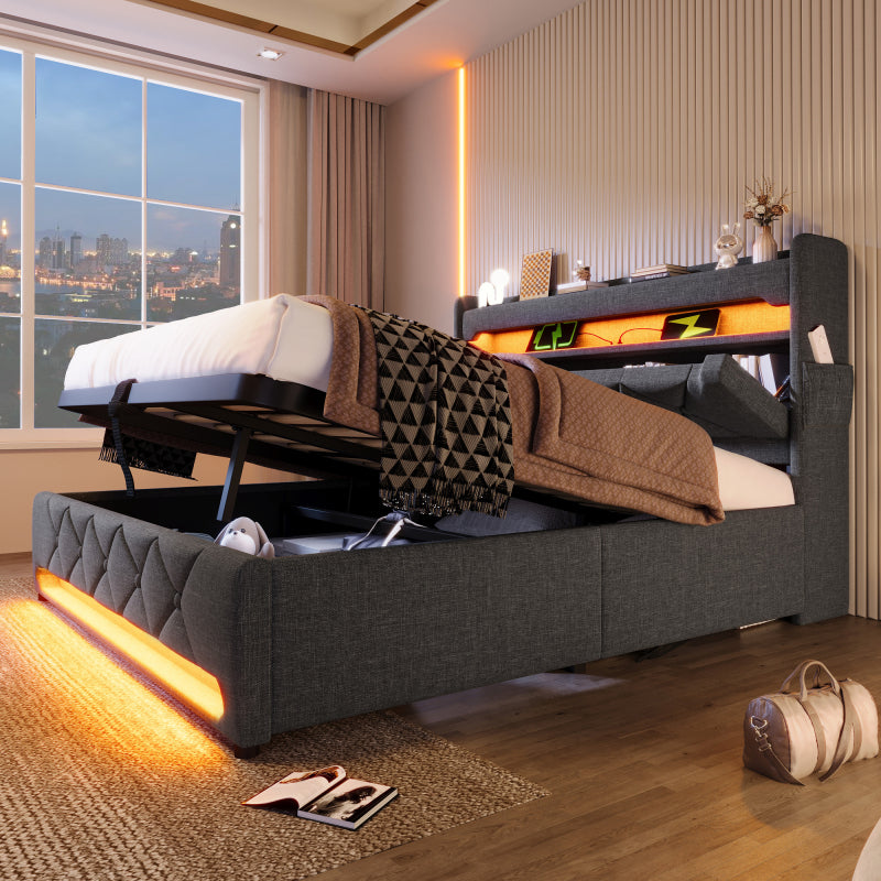 Polsterbett Doppelbett 180*200, Stauraum Kopfteil mit USB und Typ C-Port ,360-Surround-LED-Funktion rund um Kopf- und Fußende des, Betten mit Hydraulisch Stauraum, Grau , Leinen(Ohne Matratze)
