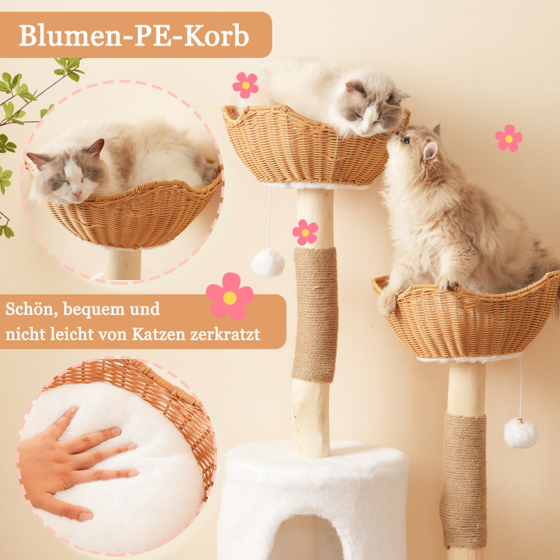 Katzenbaum aus Massivholz mit 2 Körben & Höhle, Naturholz & Sisal, mit Plüschball & dickem Kissen – Nachhaltig 108cm