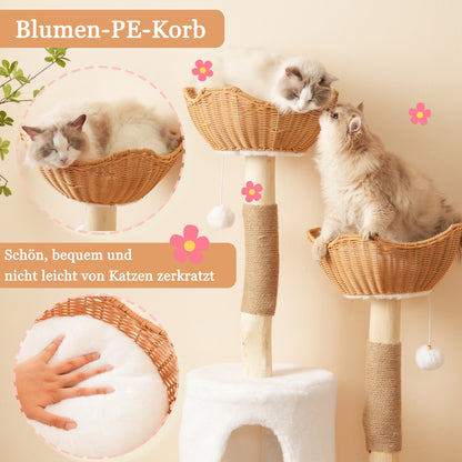 Katzenbaum aus Massivholz mit 2 Körben & Höhle, Naturholz & Sisal, mit Plüschball & dickem Kissen – Nachhaltig 108cm