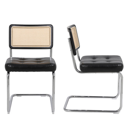 Mittelalterliche moderne Esszimmerstühle, ein Satz von 2-Rattan Esszimmerstühlen mit weichen gepolsterten Kunstlederelementen, armlose Mesh Rückenlehne Rattan Stühle, Metall Chrom Beine(Black)