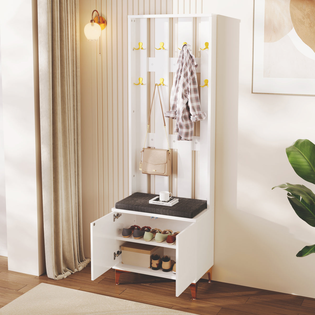 Hoher Garderobenschrank mit Wellentüren, Push-to-Open, verstellbaren Regalen & Goldakzenten, Weiß, 60,5×35,2×180,5 cm