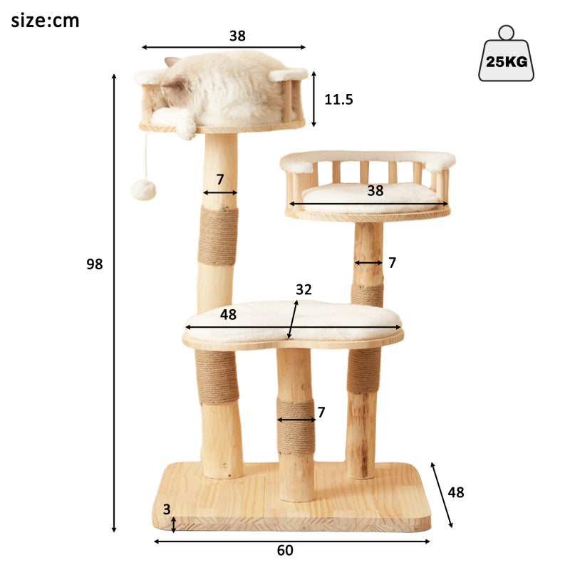 Designer Katzenklettergerüst aus Massivholz - 98 cm hoch, 3-stufiges Sprungbrett, abnehmbare Kissen und Spielbälle, Wolkenoptik-Imitation - Natürlich, umweltfreundlich, nachhaltige Nutzung, Katzenklet