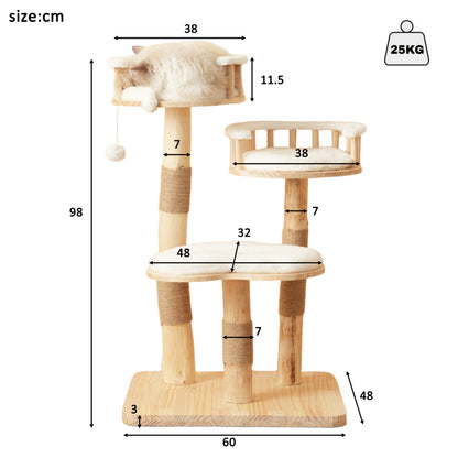 Designer Katzenklettergerüst aus Massivholz - 98 cm hoch, 3-stufiges Sprungbrett, abnehmbare Kissen und Spielbälle, Wolkenoptik-Imitation - Natürlich, umweltfreundlich, nachhaltige Nutzung, Katzenklet