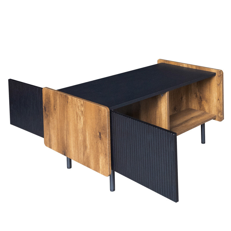 90 cm Schwarze und Holzfarbene Couchtisch – Moderner Stil, Zwei Offene Fächer und Zwei Türen, Dämpfende Scharniere