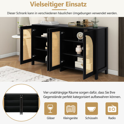 Modernes Sideboard im minimalistischen Stil 4-Rattantür, Metallgriff einfaches Buffetschrank für Esszimmer, Wohnzimmer, Küche (Schwarz)