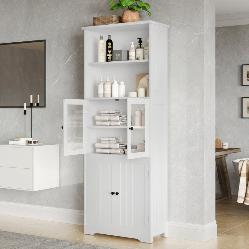 57.5 x 28.5 x 160cm Badezimmer-Hochschrank mit Stauraum, feuchtigkeitsbeständige Farbe, Glasschranktür, Holzschranktür, zwei offene Ablagefächer, verstellbare Trennwände, einfache Textur, weiß