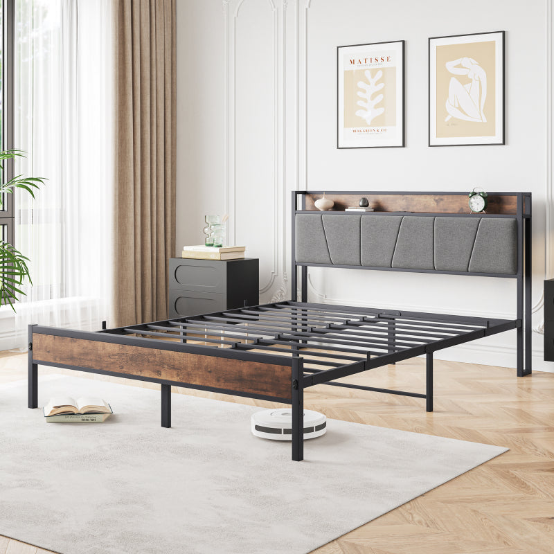 140x200cm Größe Bettrahmen mit intelligenten LED-Lichtern, Speicherkopf mit USB-Ladestation, Heavy Duty Metalllamellen Unterstützungsplattform, Lärmfrei, Einfache Montage, Keine Boxfeder erforderlich