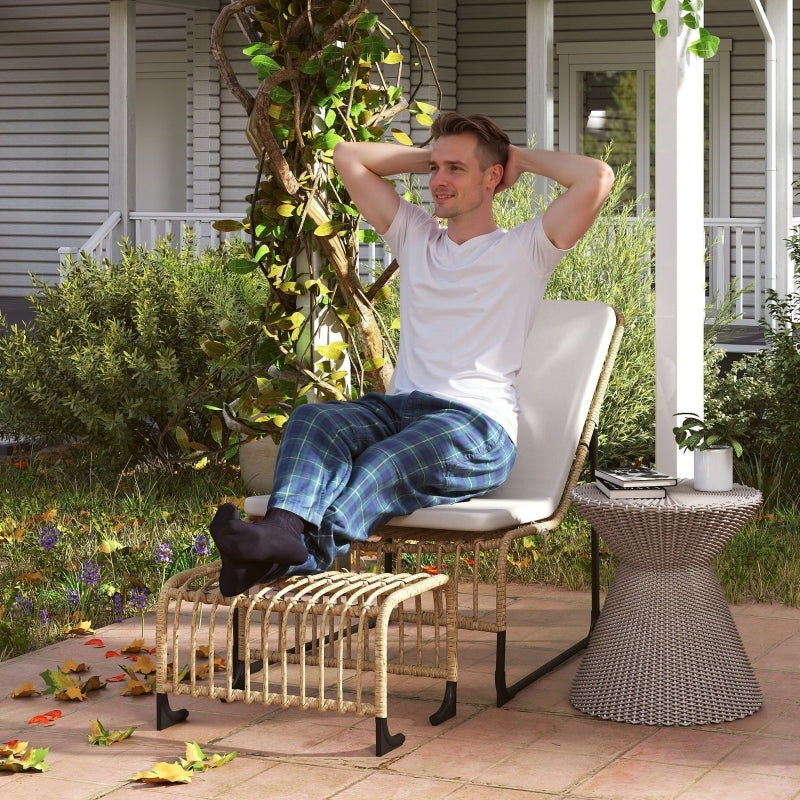 Rattan Relaxsessel mit Fußhocker, Outdoor Rattanstuhl Gartenstuhl für Garten, Balkon, Terrasse, Naturholz