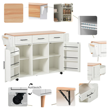 139x46(71)x91,5 cm großer Esswagen/Anrichte, Korpus weiß + Arbeitsplatte in Massivholzmaserung, klappbare Arbeitsplatte, Ablagetür, Rollen, auswechselbare Massivholzfüße, geeignet für Esszimmer, Küche