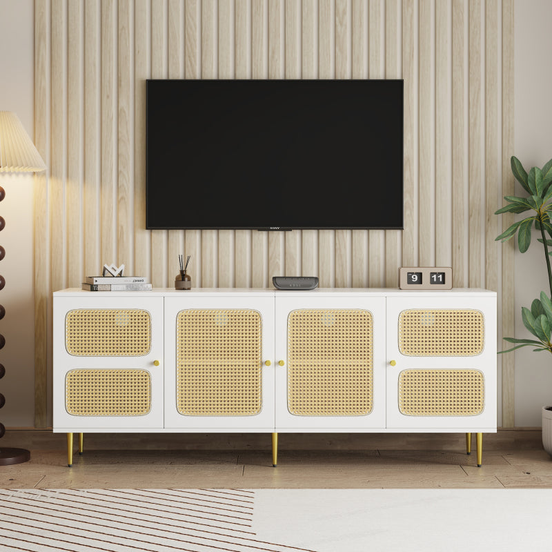 Eleganter Weißer Rattan-TV-Schrank 180x40x72 cm - Mit 4 Rattantüren, Höhenverstellbaren Regalen und Kabelmanagement, Für bis zu 80 Zoll Fernseher,TV-Schränke,Lowboards