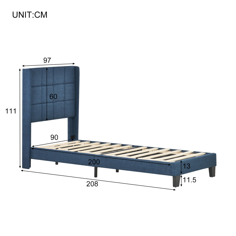 Polsterbett Mit seinem gepolstertes Kopfteil Einzelbett mit Lattenrost, 90x200cm ,in Blau Leinen,  mittelfest  (Mit Federkernmatratze)