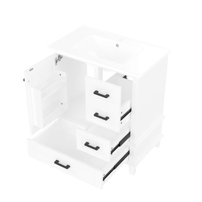 76x46x83,5cm Bodenstehender Badezimmerschrank mit Waschbecken, Waschtisch, komplett lackiert, Türregal, drei geräuschlose Schubladen, integriertes Keramikwaschbecken, weiß
