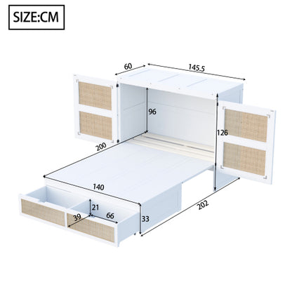 Schrankbett 140 x 200 cm, Wandbett mit Lattenrost, Wandklappbett, Rattan-Design, Holzbetten, Jugendbetten, Einzelbetten, Grau