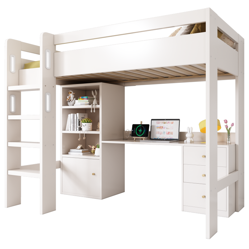 Kinderbett Hochbett mit USB-C Schreibtisch, Kleiderschrank und Aktenschrank, Jugendbett  Einzelbett mit Treppe und Lattenrost, Stauraum,90×200, Ohne Matratze