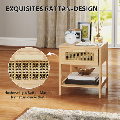 HOMCOM Nachttisch Nachtschrank Beistelltisch natürlicher Nachtkommode mit Schublade offenen Ablage Rattan-Design Natur 40 x 40 x 48,4 cm