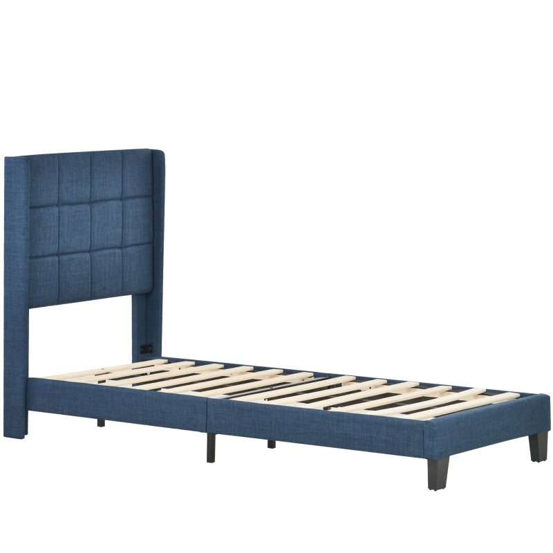 Polsterbett Mit seinem gepolstertes Kopfteil Einzelbett mit Lattenrost, 90x200cm ,in Blau Leinen,  mittelfest  (Mit Federkernmatratze)