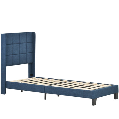 Polsterbett Mit seinem gepolstertes Kopfteil Einzelbett mit Lattenrost, 90x200cm ,in Blau Leinen,  mittelfest  (Mit Federkernmatratze)