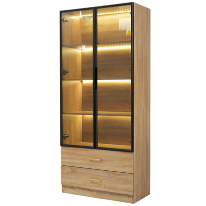 Badezimmerschrank, mittel, mit Lichtleiste, 75 cm breit, mit 2 großen Schubladen und 2 Türen, Glastür