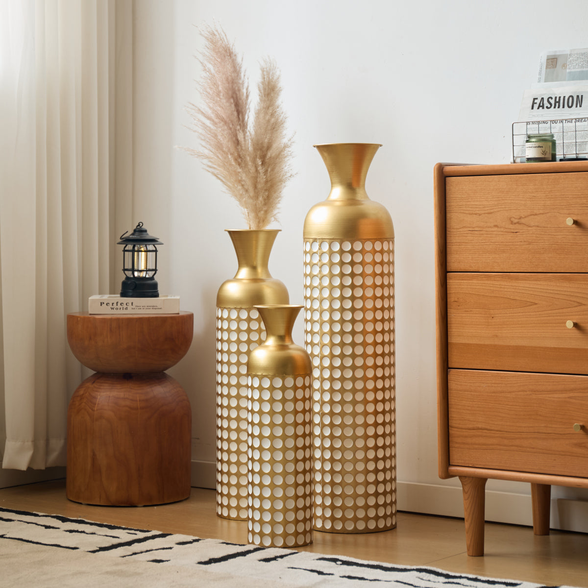 Bodenvase 3er Set Gold, Metallvase Punkte, Vintage Dekovase 83 cm, Übertöpfe groß, Standvase Gold