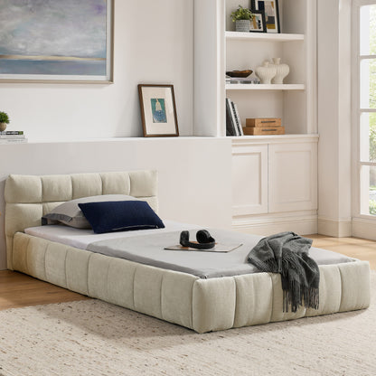 Einzelbett 90*200 cm, Kinderbett mit seidig weichem Chenille - Bezug, quadratischem Steppdesign, Beige (ohne Matratze)