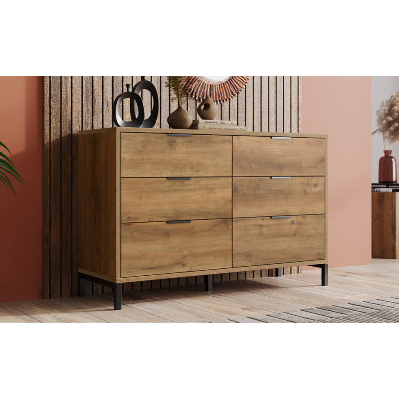 Kommode, Sideboard mit 6 Schubladen, 120 x 40 x 76 cm in Dunkle Eiche, Sideboard Highboard für Schlafzimmer & alle Wohnräume