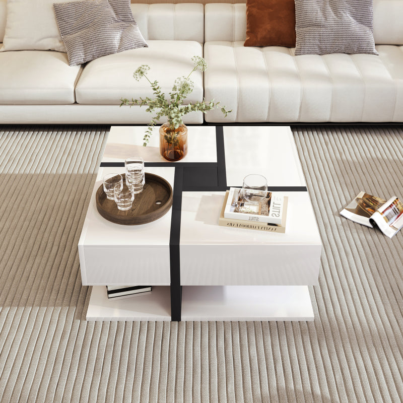 Hochglanz-Couchtisch, Tisch mit 4 Schubladen, einzigartige Farbabstimmung und Liniendesign, Stauraum unten. 78*78*36cm