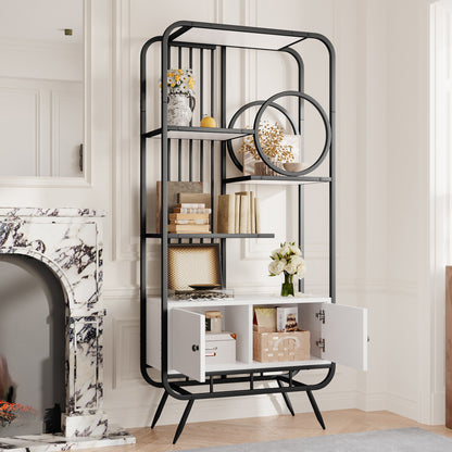 80 x 30 x 180 cm Metallregal, weißer Lagerschrank mit Doppeltür, drei Regalböden, schwarzes Metallregal, hohe Metallfüße, runde Dekoration, weiß + schwarz