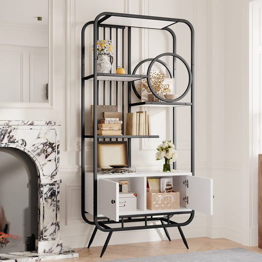 80 x 30 x 180 cm Metallregal, weißer Lagerschrank mit Doppeltür, drei Regalböden, schwarzes Metallregal, hohe Metallfüße, runde Dekoration, weiß + schwarz
