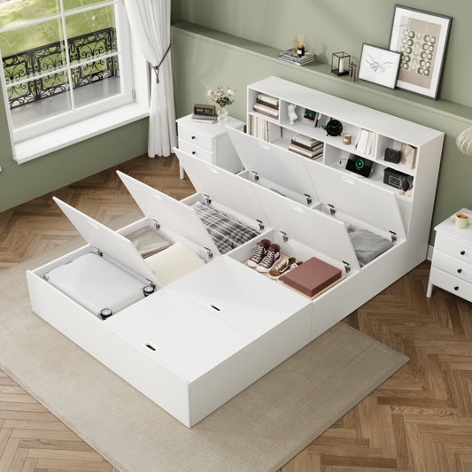 Stauraumbett 140*200cm, Doppelbett,Funktionsbett,Massivholzbett, mit USB-Anschluss, mit Aufbewahrungsbox unter dem Bett, mit Stauraum, ohne Matratze, weiß