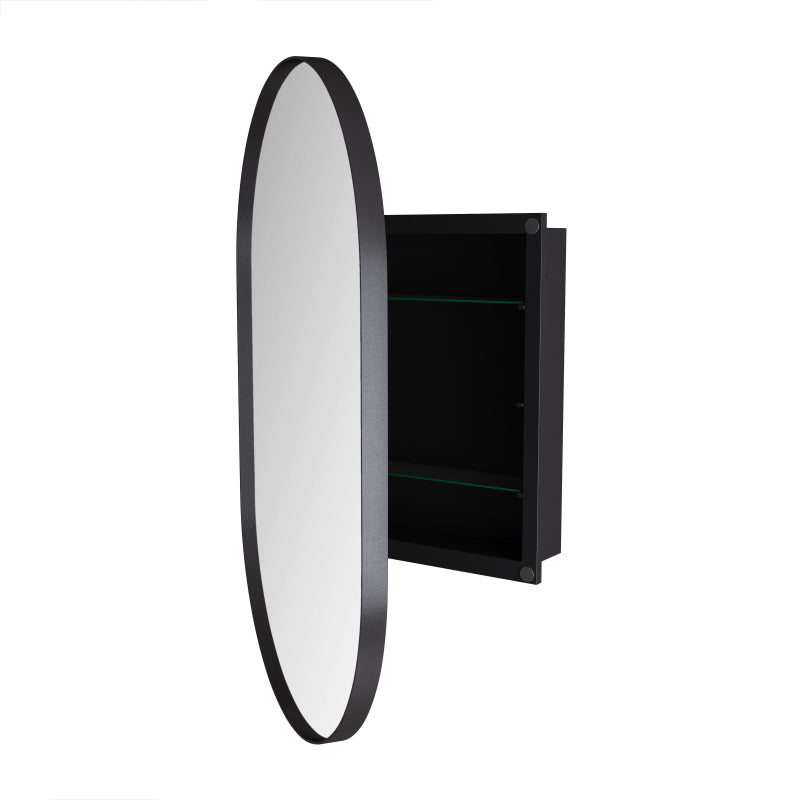 Stylish Oval Mirror Cabinet, Recessed Medicine Cabinet, Wall Cabinet with Metal Framed, Mirror and Adjustable Shelves, Mirror Cabinet with Storage for Bathroom, Living Room and Bedroom, Black