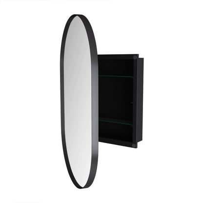 Stylish Oval Mirror Cabinet, Recessed Medicine Cabinet, Wall Cabinet with Metal Framed, Mirror and Adjustable Shelves, Mirror Cabinet with Storage for Bathroom, Living Room and Bedroom, Black