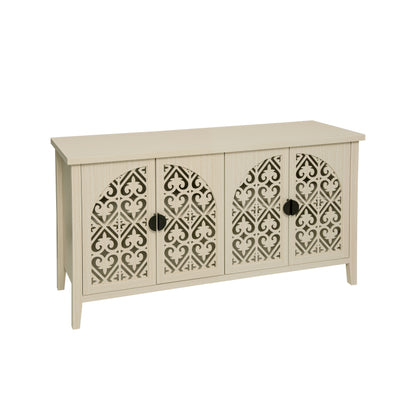 Natürliches Holzfarbener vier Türen Sideboard, mit geschnitztem und durchbrochenem Design, ausgestattet mit drei Einlegeböden. Geeignet für Wohnzimmer, Flur, Esszimmer und Küche.(147.6x40x80cm)