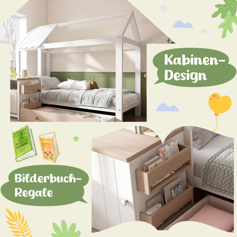 Hausbett Kinderbett 90x200 cm aus Massivholz mit Schubladen & abnehmbarem Nachttisch - Bodenbett in Weiß und Eichenweiß, ohne Matratze