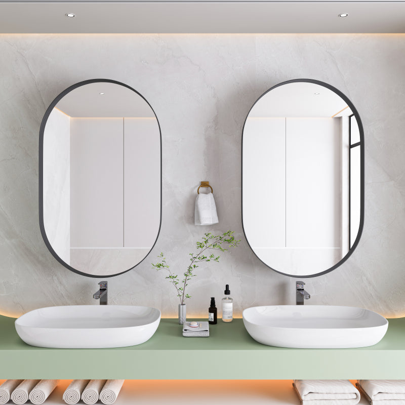 Stylish Oval Mirror Cabinet, Recessed Medicine Cabinet, Wall Cabinet with Metal Framed, Mirror and Adjustable Shelves, Mirror Cabinet with Storage for Bathroom, Living Room and Bedroom, Black