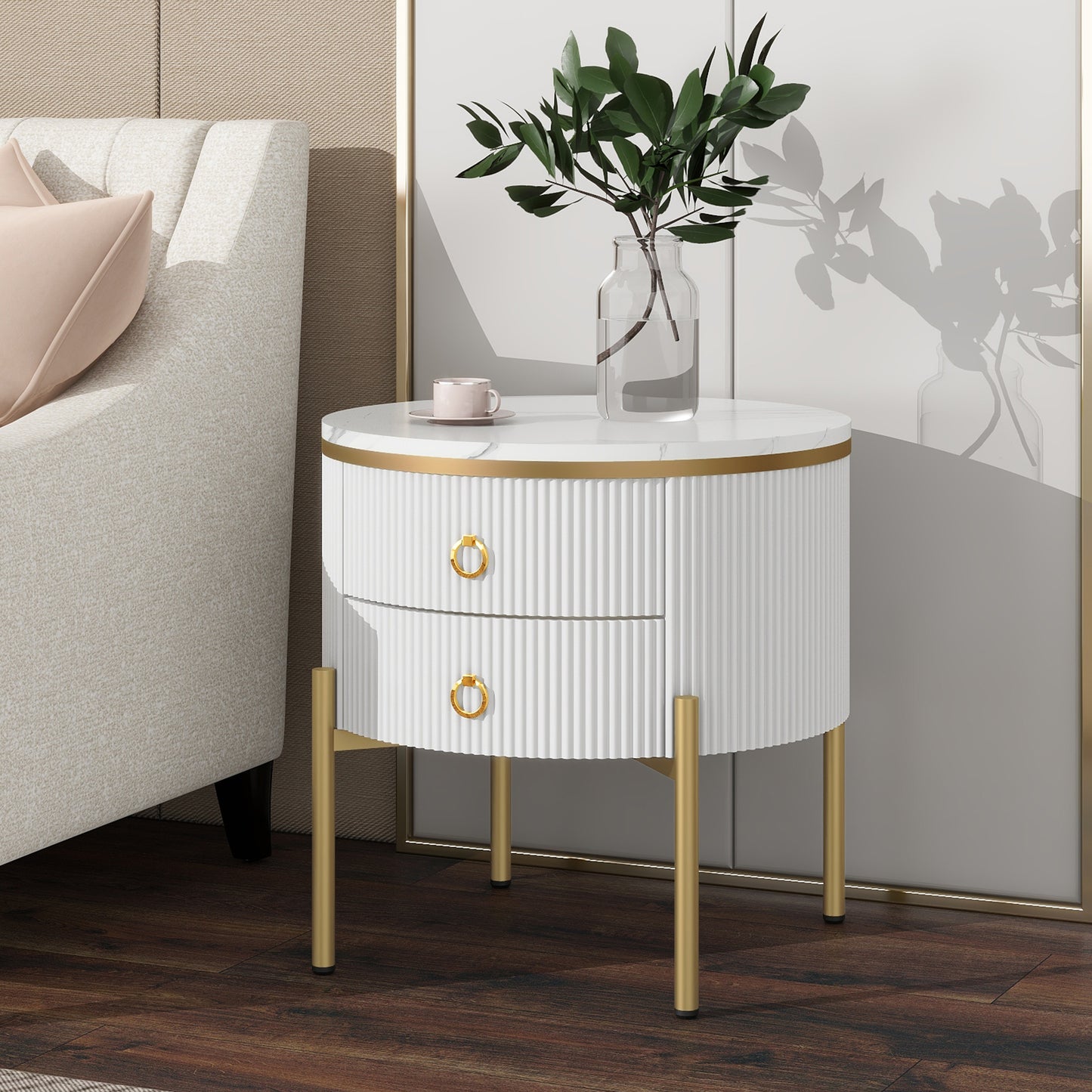 Beistelltisch, Couchtisch mit Schubladen, Marmorstruktur, goldenen Beinen und Griffen