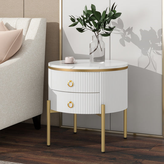 Beistelltisch, Couchtisch mit Schubladen, Marmorstruktur, goldenen Beinen und Griffen