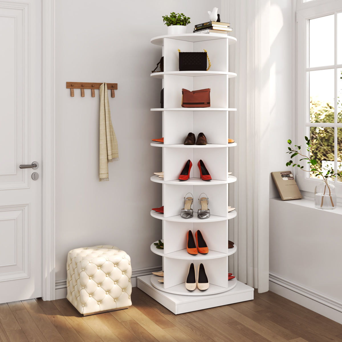 Drehbarer Schuhschrank (360°), 165 cm hoch, Schuhregal für 28 Paar Schuhe, Modernes Design, Wihte