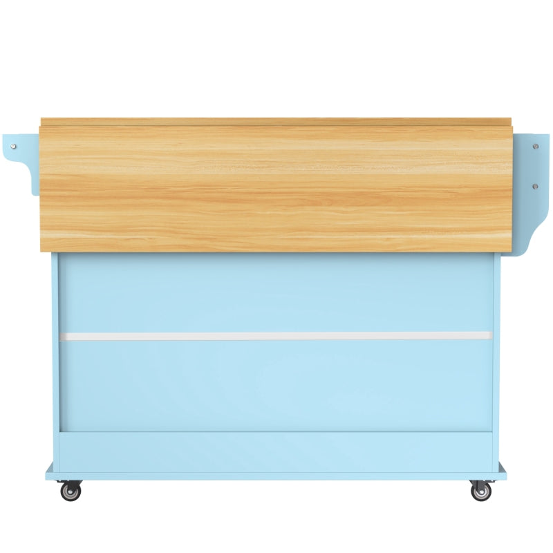 Esswagen/Anrichte, 112x40(70)x94 cm, Blau, Klappbare Massivholzoptik-Arbeitsplatte, mit Ablagetür, Rollen & Auswechselbaren Massivholzfüßen, für Küche & Esszimmer