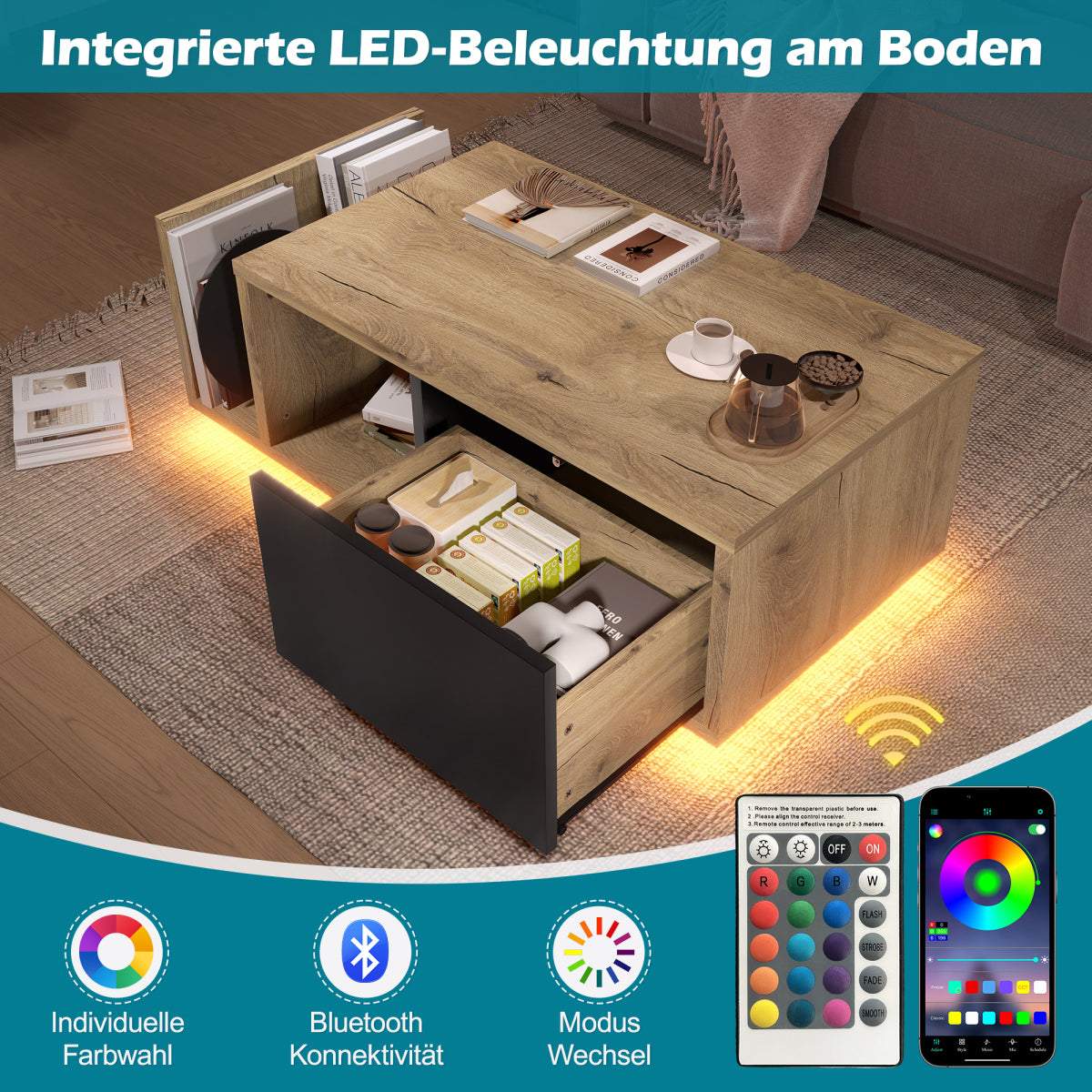 Couchtisch mit LED-Beleuchtung, Wohnzimmertisch mit Schublade und Stauraum, Holzoptik & Metall