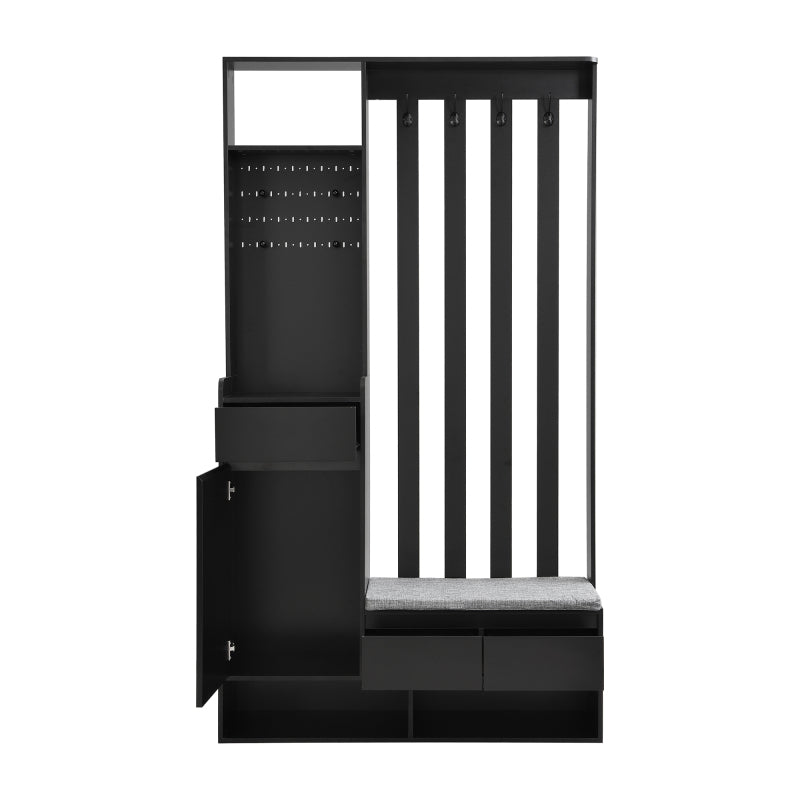 Flurgarderobe mit gepolsterter Aufbewahrungsbank, multifunktionaler Flur-Schuhschrank mit Stecktafel, moderne Garderobe mit 4 Haken für Eingangsbereich, Waschküche, Schwarz,H180/B100/T35 cm