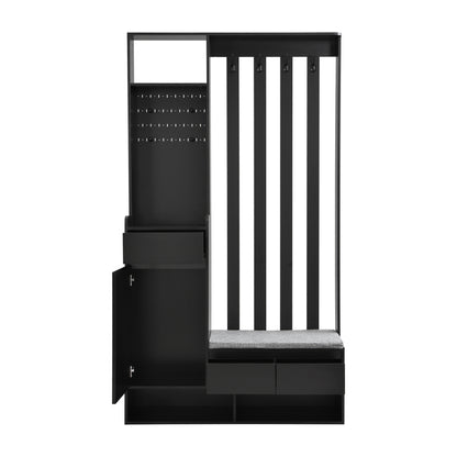 Flurgarderobe mit gepolsterter Aufbewahrungsbank, multifunktionaler Flur-Schuhschrank mit Stecktafel, moderne Garderobe mit 4 Haken für Eingangsbereich, Waschküche, Schwarz,H180/B100/T35 cm