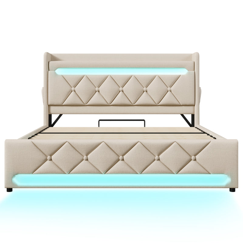 Polsterbett Doppelbett 140*200, Stauraum Kopfteil mit USB und Typ C-Port ,360-Surround-LED-Funktion rund um Kopf- und Fußende des, Betten mit Hydraulisch Stauraum, Beige, Leinen(Mit Matratze)