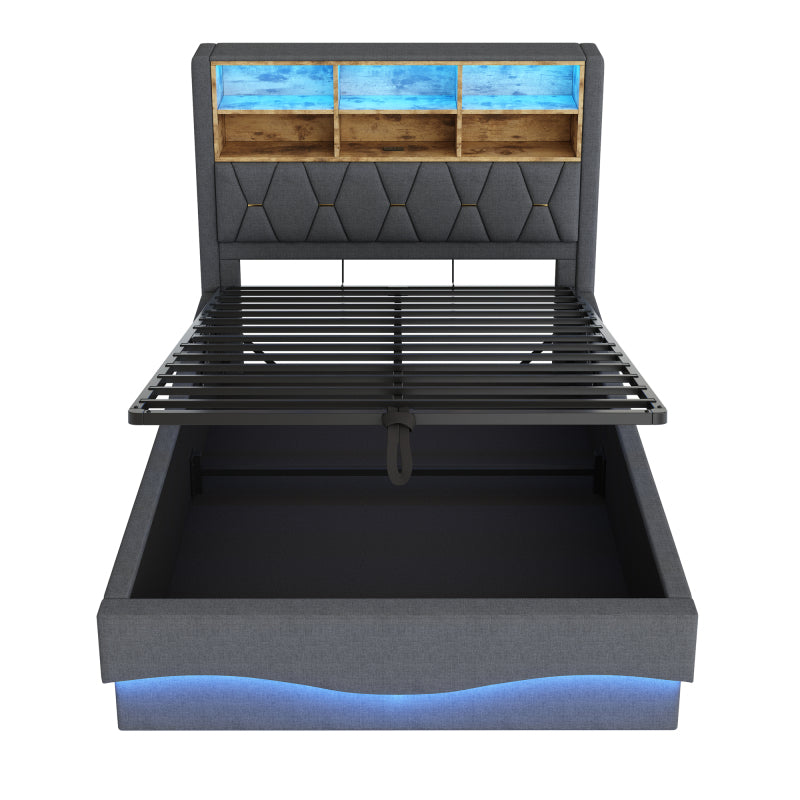 Polsterbett 140×200  mit hydraulischem Stauraum APP-gesteuertes LED-Lichtband USB-Ladeanschluss Metall-Lattenrost Leinenpolsterung Grau