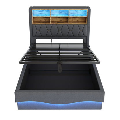 Polsterbett 140×200  mit hydraulischem Stauraum APP-gesteuertes LED-Lichtband USB-Ladeanschluss Metall-Lattenrost Leinenpolsterung Grau
